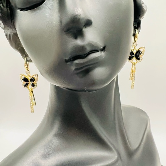 Crystal Studded Gold Butterfly Dangle Earrings in Black and Gold - Picture 7 of 10
